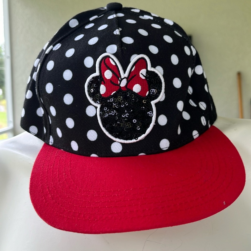Disney Minnie Mouse Polka Dot Sequins Black Baseball Hat Adjustable Snap Back